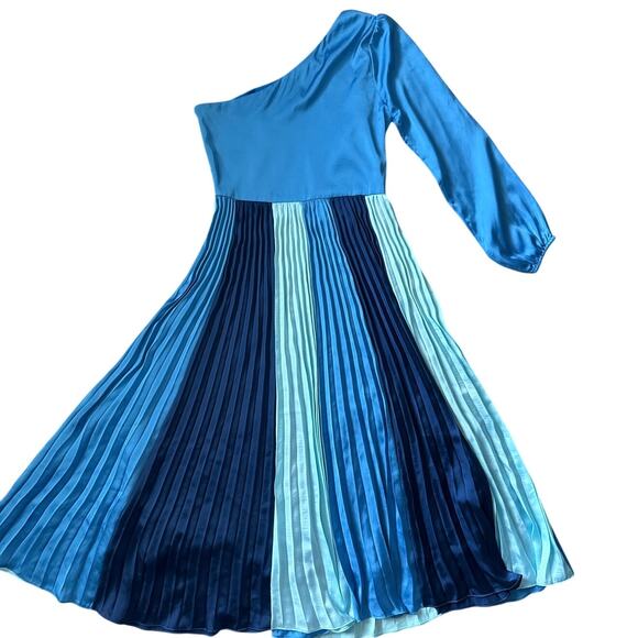Adelyn Rae Cher One Shoulder Pleated Colorblock Midi Dress Lapis Blue Size Small - Picture 5 of 11
